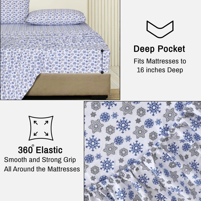 RUVANTI Flannel Sheets Queen Size - 100% Cotton Double Brushed Bed Sheets, Deep Pockets 16 Inches Queen Sheet Set, All Seasons Breathable & Extra Soft - Warm & Cozy, 4 Piece, Snow Flake Grey - Image 5